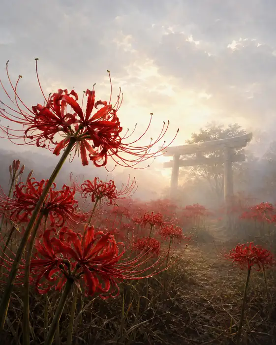 Stone Torii in Misty Sanctuary and Crimson Lycoris
