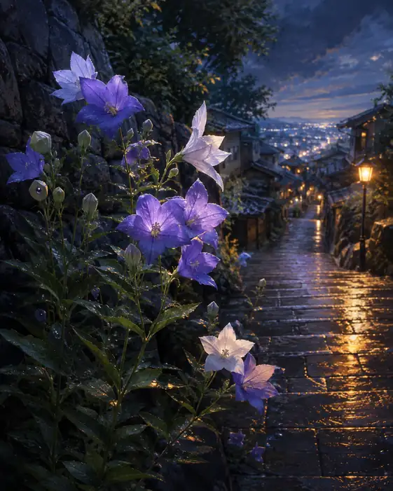 Lit Cobblestone Slope and Night-Dew Bellflowers