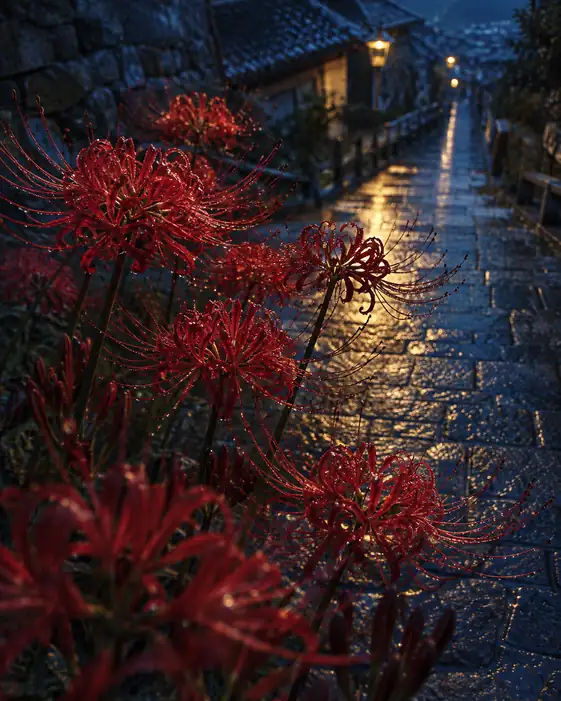 Lantern-Lit Rainy Slope and Dew-Wet Lycoris
