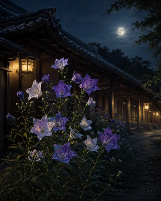 Moonlit Corridor and Bellflowers in Lantern Light