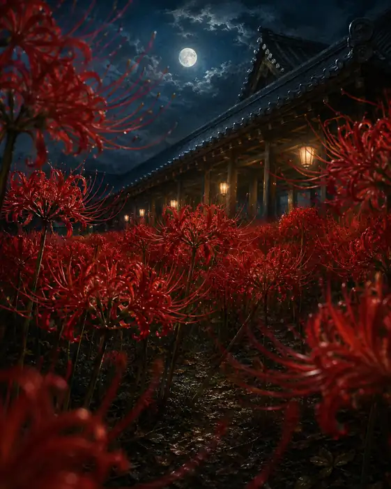 Moonlit Tiled Eaves and Mystically Blooming Lycoris