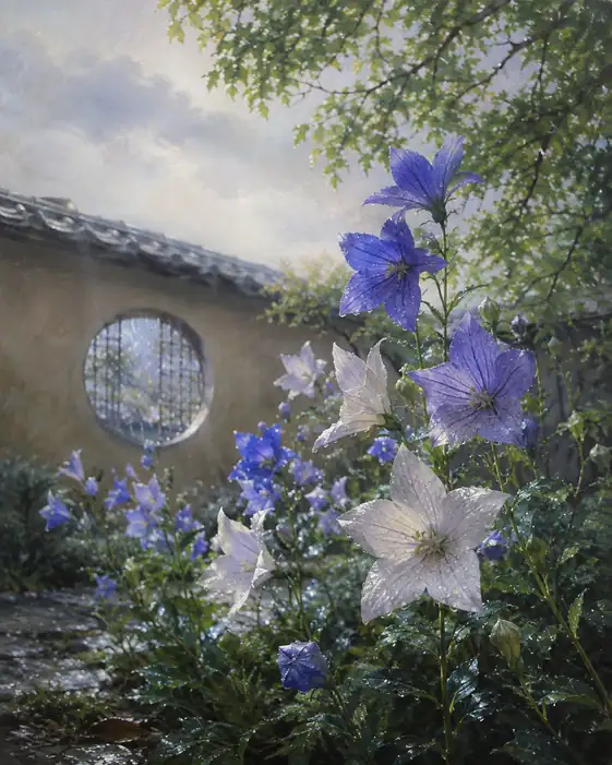 Rainy Round Window and Bellflowers Moist with Dew
