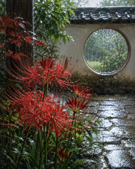 Rainy Round Window and Drenched Lycoris