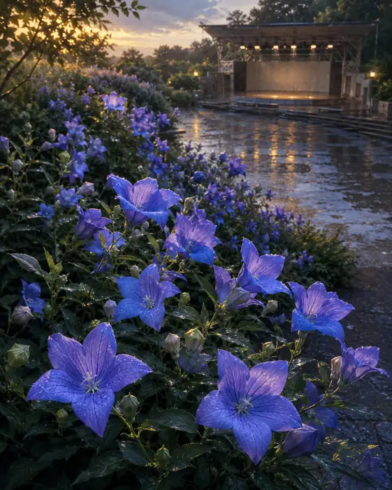 Sunset Outdoor Stage and Dew-Moist Bellflowers