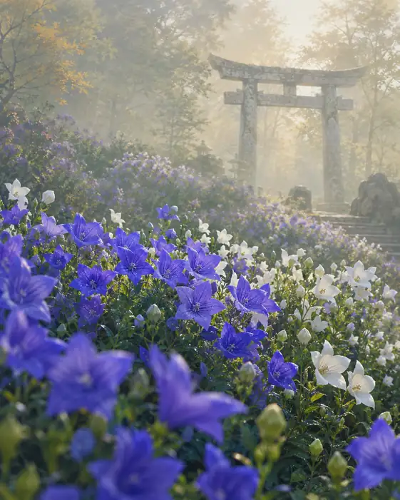 Torii in Misty Sanctuary and Clustered Bellflowers