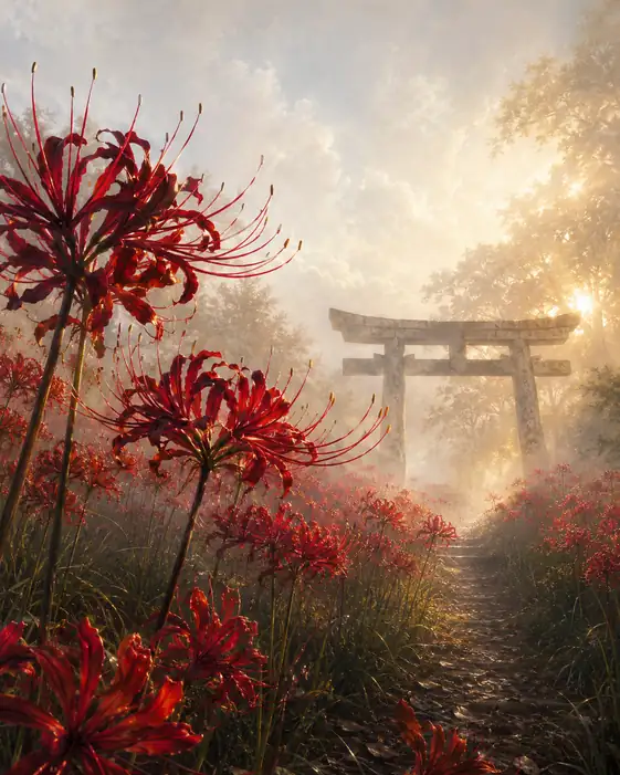 Morning Sunbeam Torii and Burning Lycoris Approach
