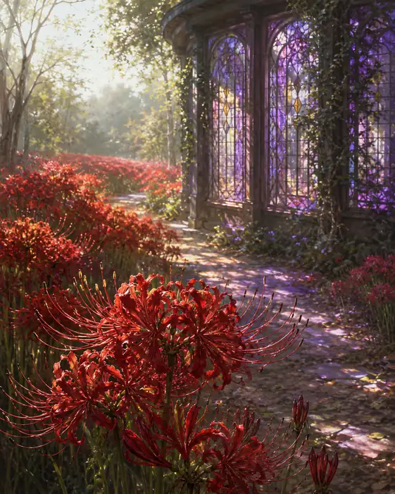 Violet Greenhouse and Lycoris Glowing in Komorebi