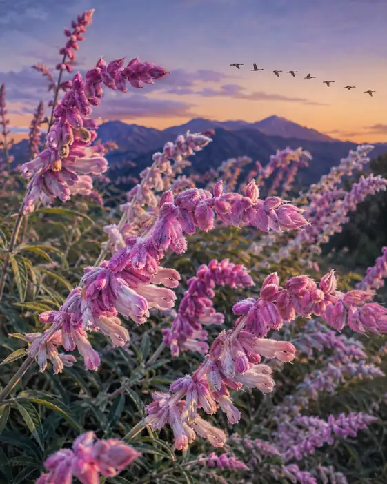 Migrating Birds in Madder Sky and Amethyst Sage in Sunset Glow