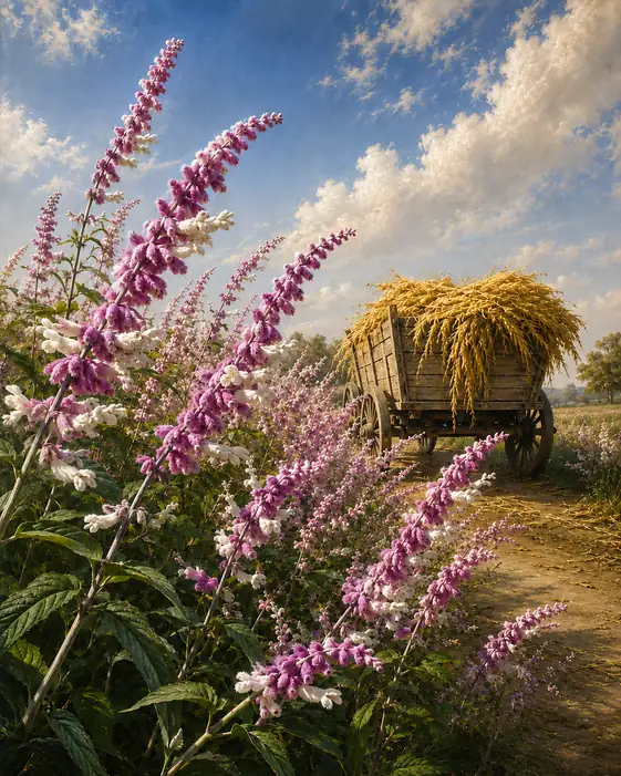Golden Harvest Cart and Amethyst Sage in Autumn Sky