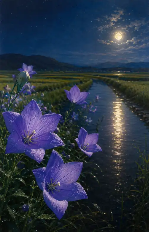 Moonlit Rural Waterway and Dew-Wet Bellflowers