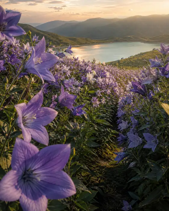 Hill Overlooking Sunset Lake and Sea of Bellflowers