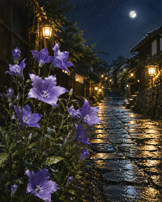 Moonlit Post-Town Slope and Night-Dew Bellflowers