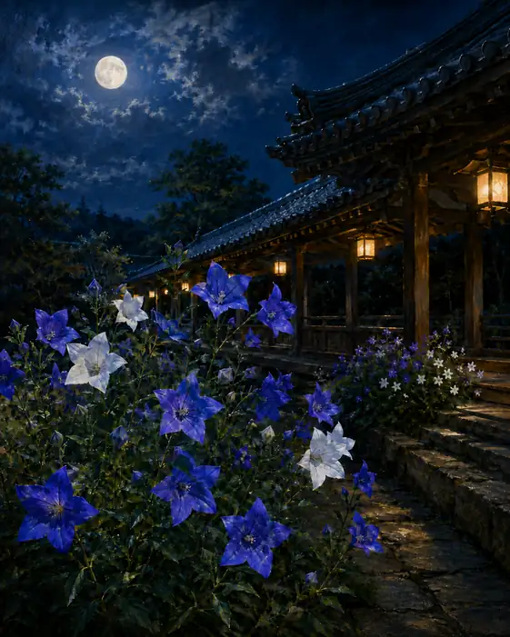 Moonlit Wooden Corridor and Purple-White Bellflowers