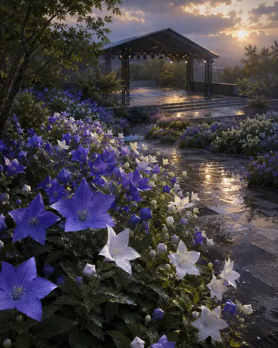 Sunset Outdoor Stage and Light-Gleaming Bellflowers