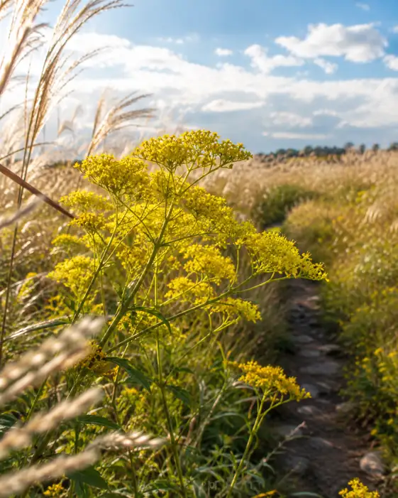 Pampas Field under Blue Sky and Golden Maiden Flowers