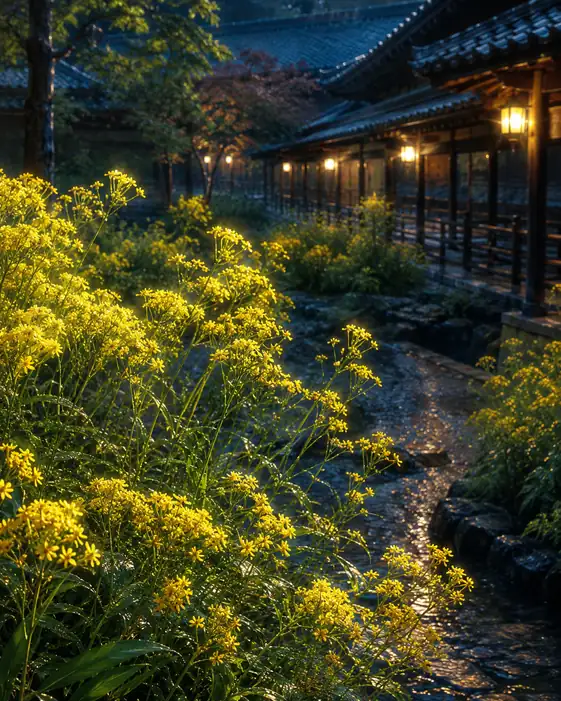 Golden Autumn Waves Along the Temple Corridor