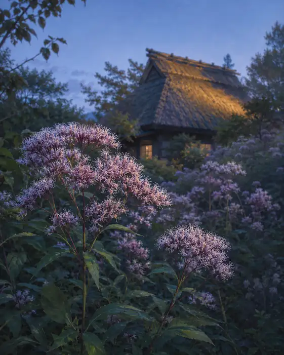 Sunset Glow Over the Thatched Roof and Thoroughwort