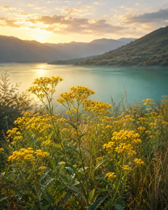 Golden Blossoms by the Emerald Waters at Dusk