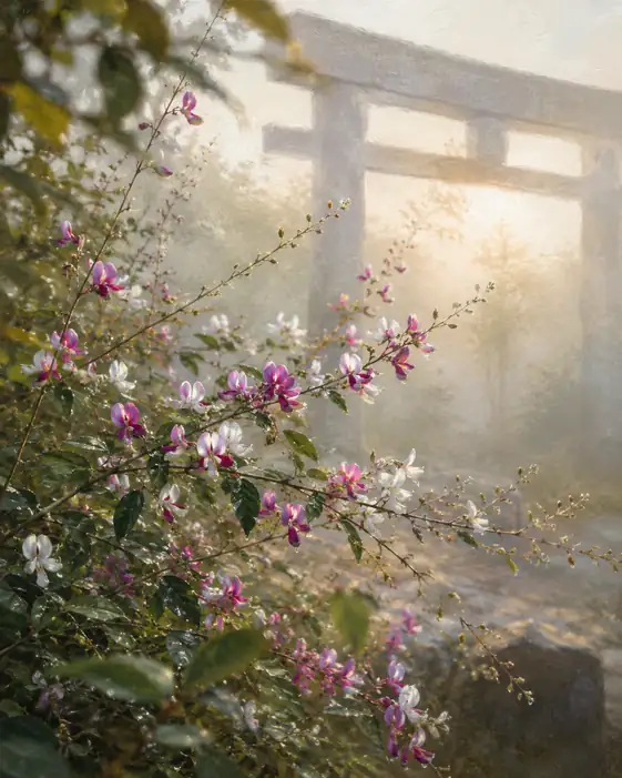 Dew-Kissed Bush Clover Before the Morning Torii