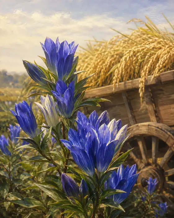 Lapis Gentians Beside the Harvest Cart