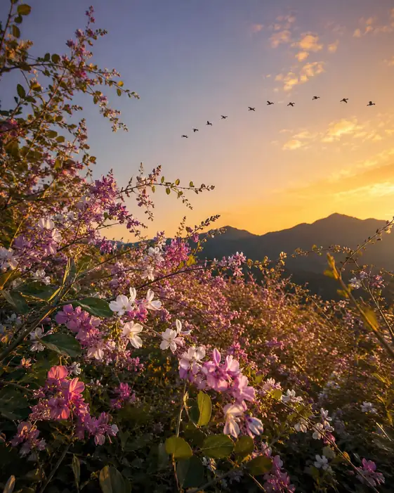 Migrating Birds Over the Amber Hills of Bush Clover