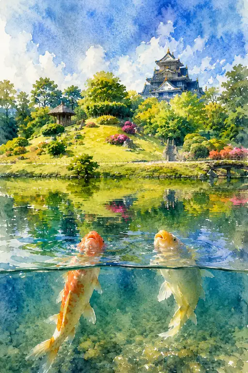 Looking Up at Ujo Castle in Summer with Korakuen's Koi