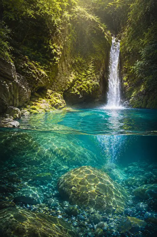 Sunbeams Piercing the Depths of a Verdant Plunge Pool