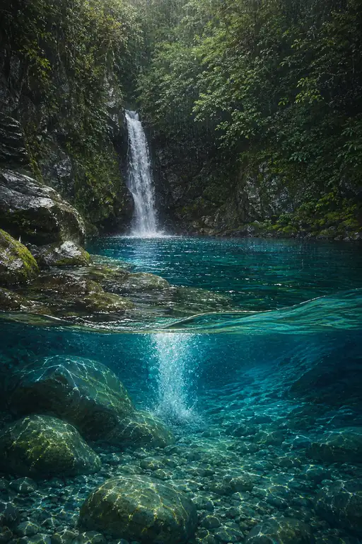 Misty Waterfall Over Crystalline Turquoise Depths