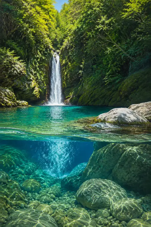 Riverbed Pebbles Beneath a Pure Mountain Waterfall