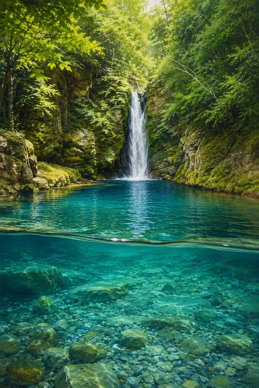 Hidden Waterfall Basin Surrounded by Lush Greenery