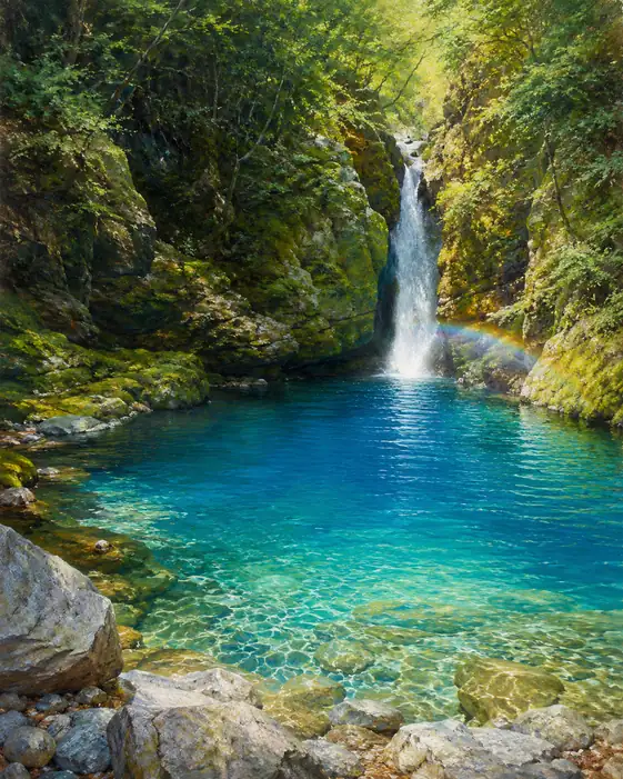 Rainbow Arching Over the Cobalt Waterfall Pool