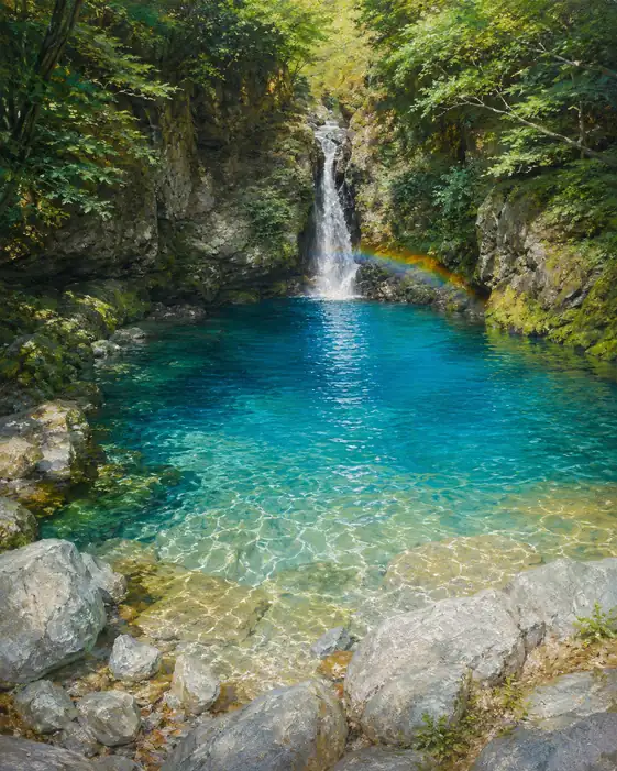 Pebbled Riverbed Shimmering Under a Waterfall Rainbow