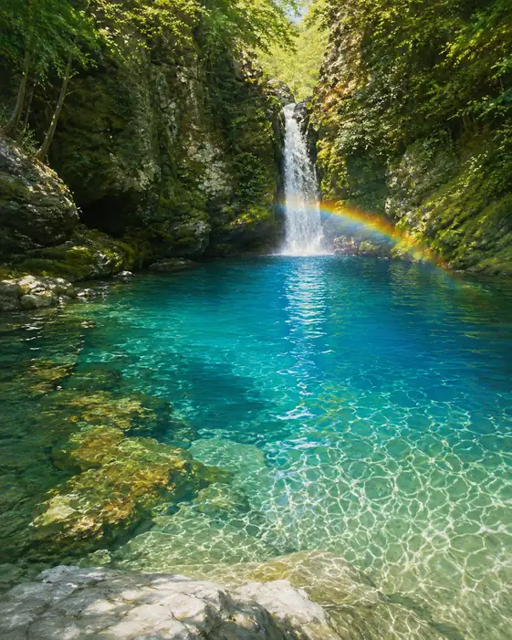 Rainbow Arc Gracing the Emerald Waterfall Basin