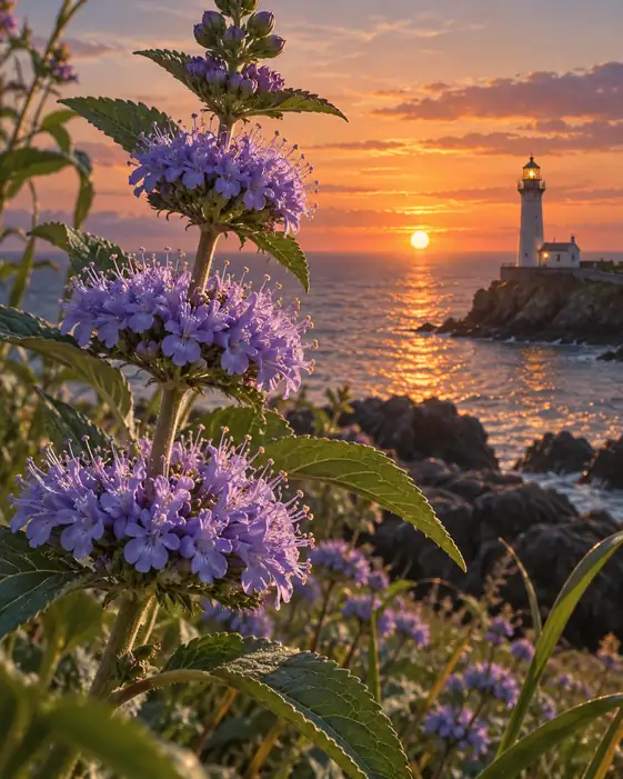 夕陽の岬と灯台に咲く段菊