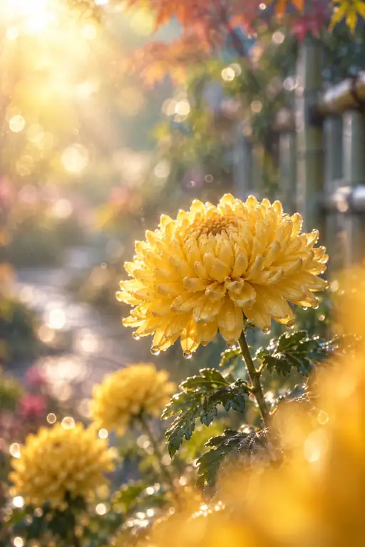 露珠を抱く黄金菊と紅葉の庭