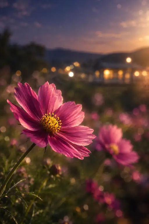 茜さす駅舎と黄昏の秋桜