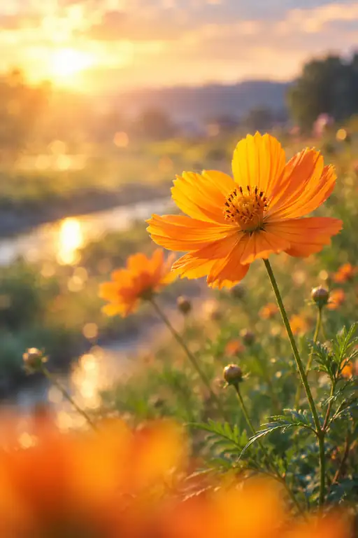 夕映えの小川に輝く橙の華