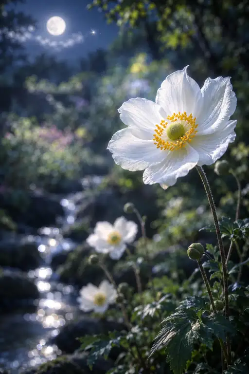 月光のせせらぎに佇む秋明菊