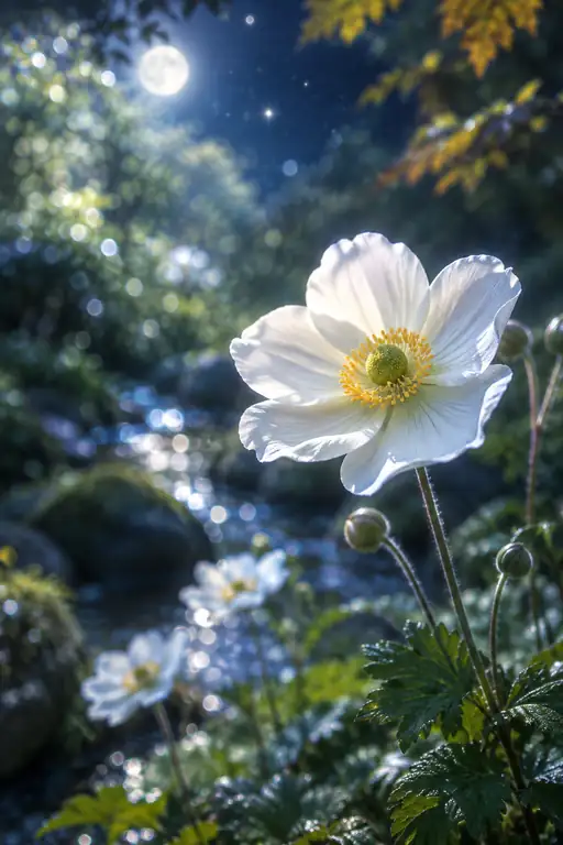 満月の清流に咲く白花秋明菊