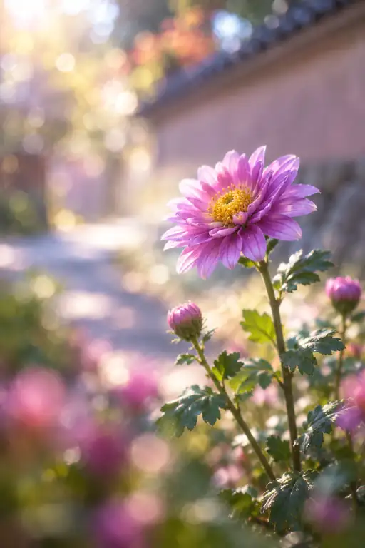 土塀の小径、秋陽に薫る紅小菊