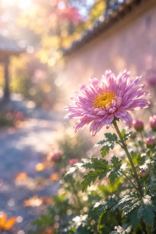 散り紅葉の土塀小道、秋光をまとう紅小菊