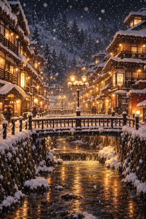 雪舞う夜の銀山、灯火揺らぐ湯の街