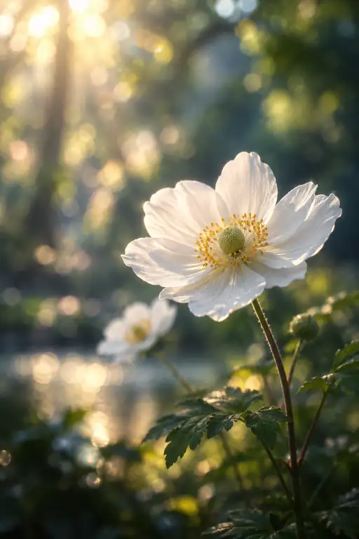 水辺の夕暮れ、木漏れ日に咲く秋明菊