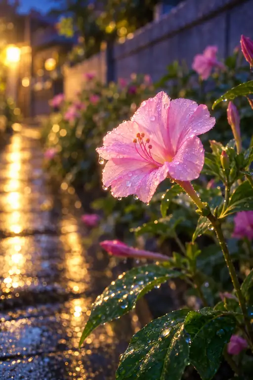 雨上がりの石畳、街灯に咲く夕化粧