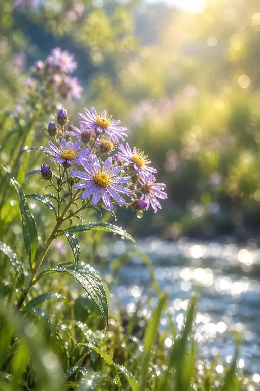 清流の朝露、光に目覚める野紺菊