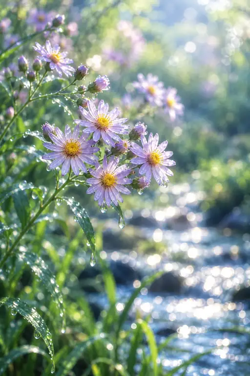 清流のせせらぎ、朝露したたる野紺菊
