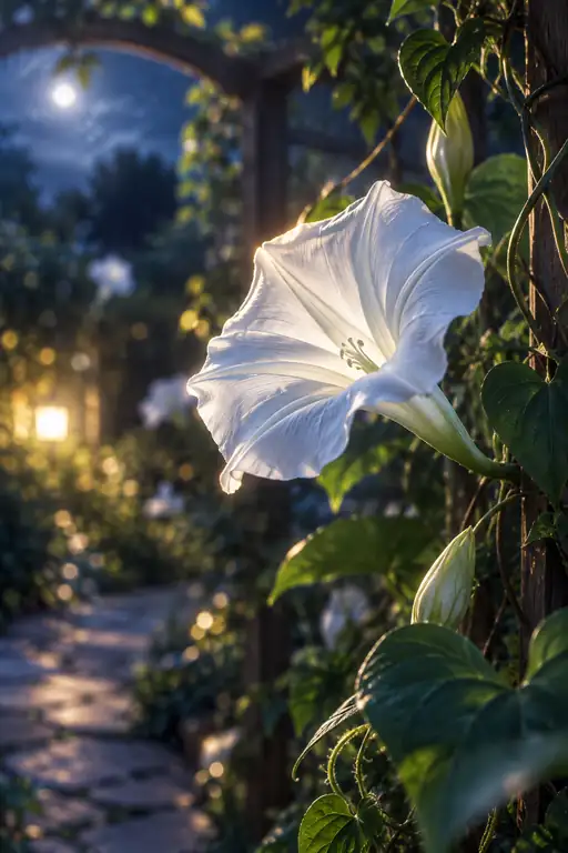 庭灯の小径、月光に透ける夜顔の花冠