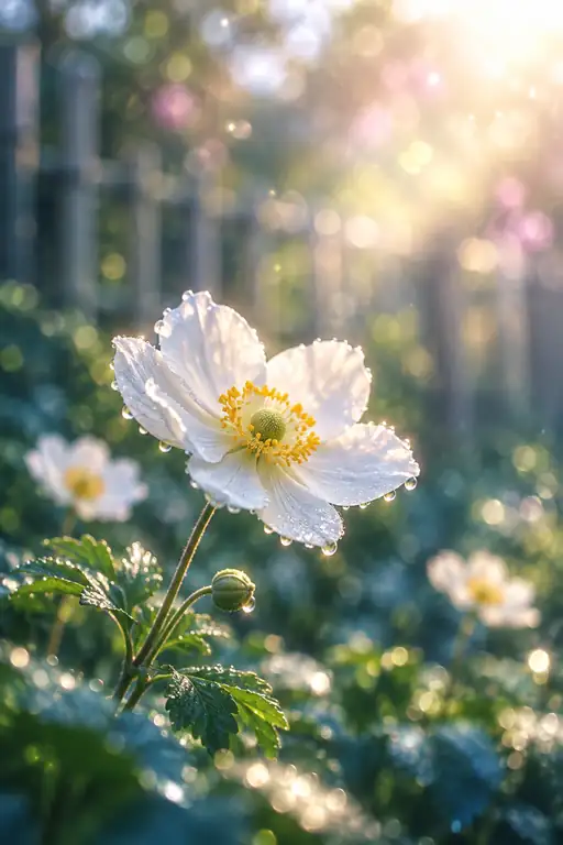 Bamboo Fence and the Dewlit White Anemone