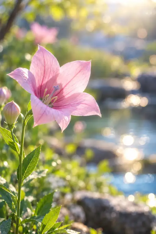 清流のほとり、朝光に揺れる薄紅の桔梗