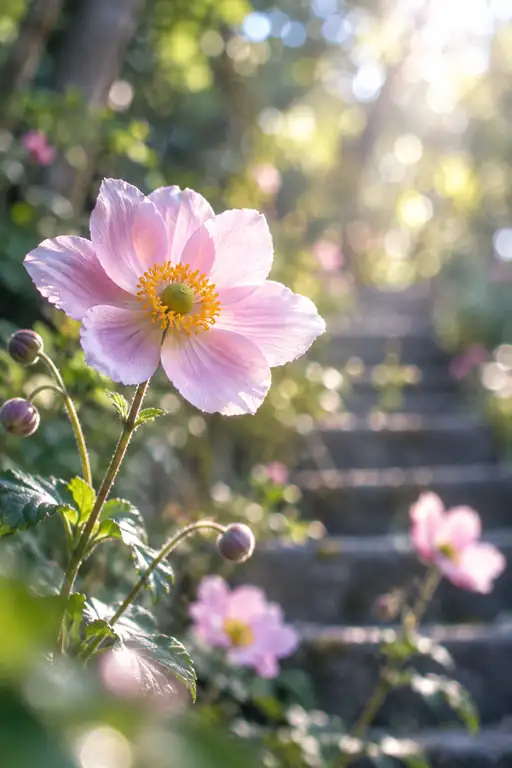 Japanese Anemone beside the Mossy Stone Steps